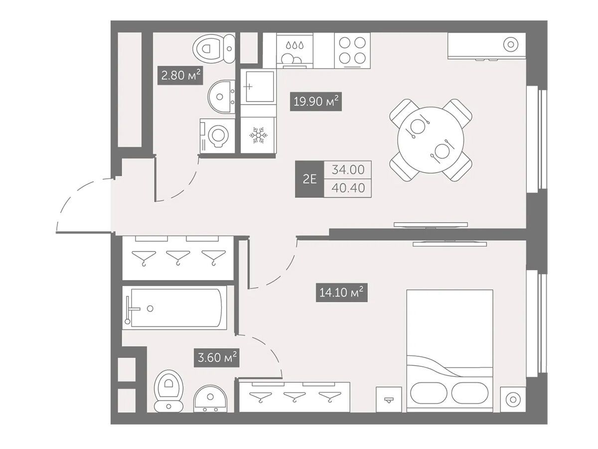 Планировка: 1-комн. квартира 40.40 м² в новостройке Зум на Неве