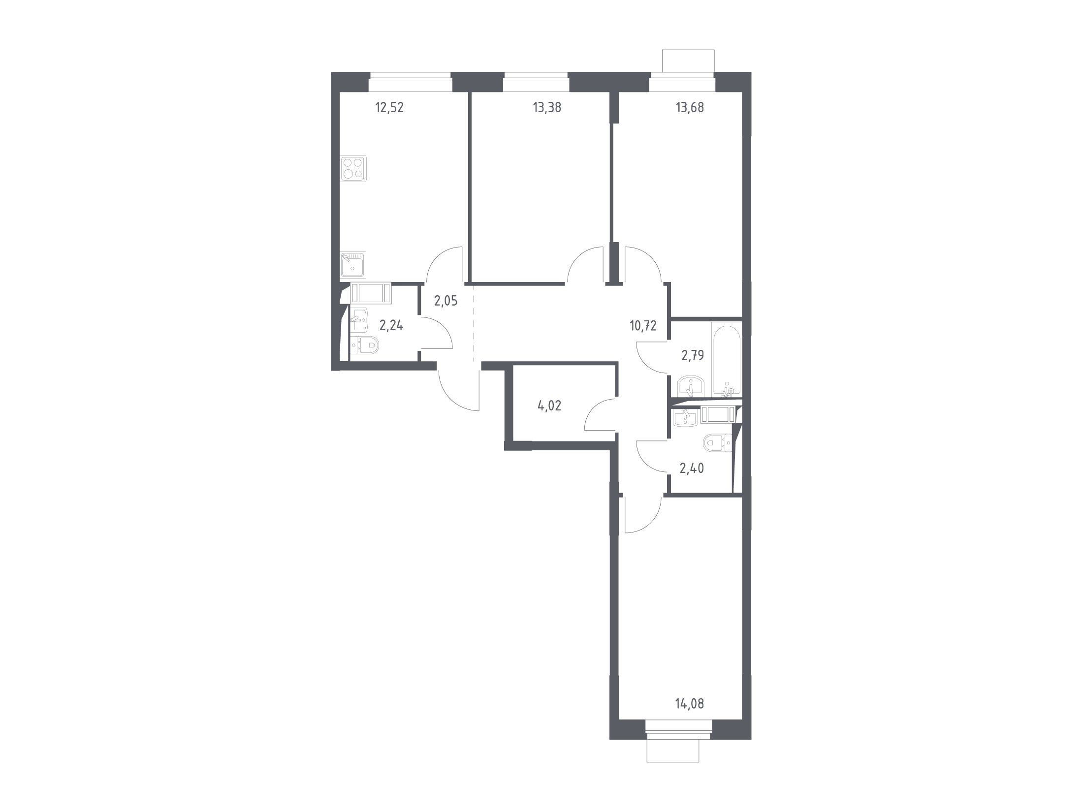 Планировка: 3-комнатная квартира 77.88 м² в новостройке ЖК Пятницкие Луга