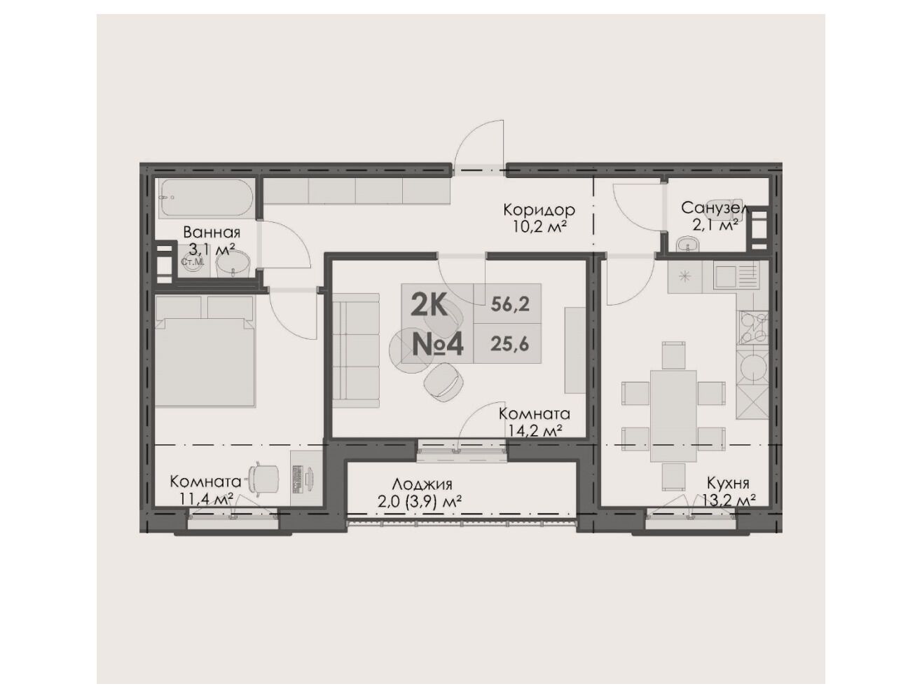 Планировка: 2-комн. квартира 56.20 м² в новостройке На Большом Смоленском