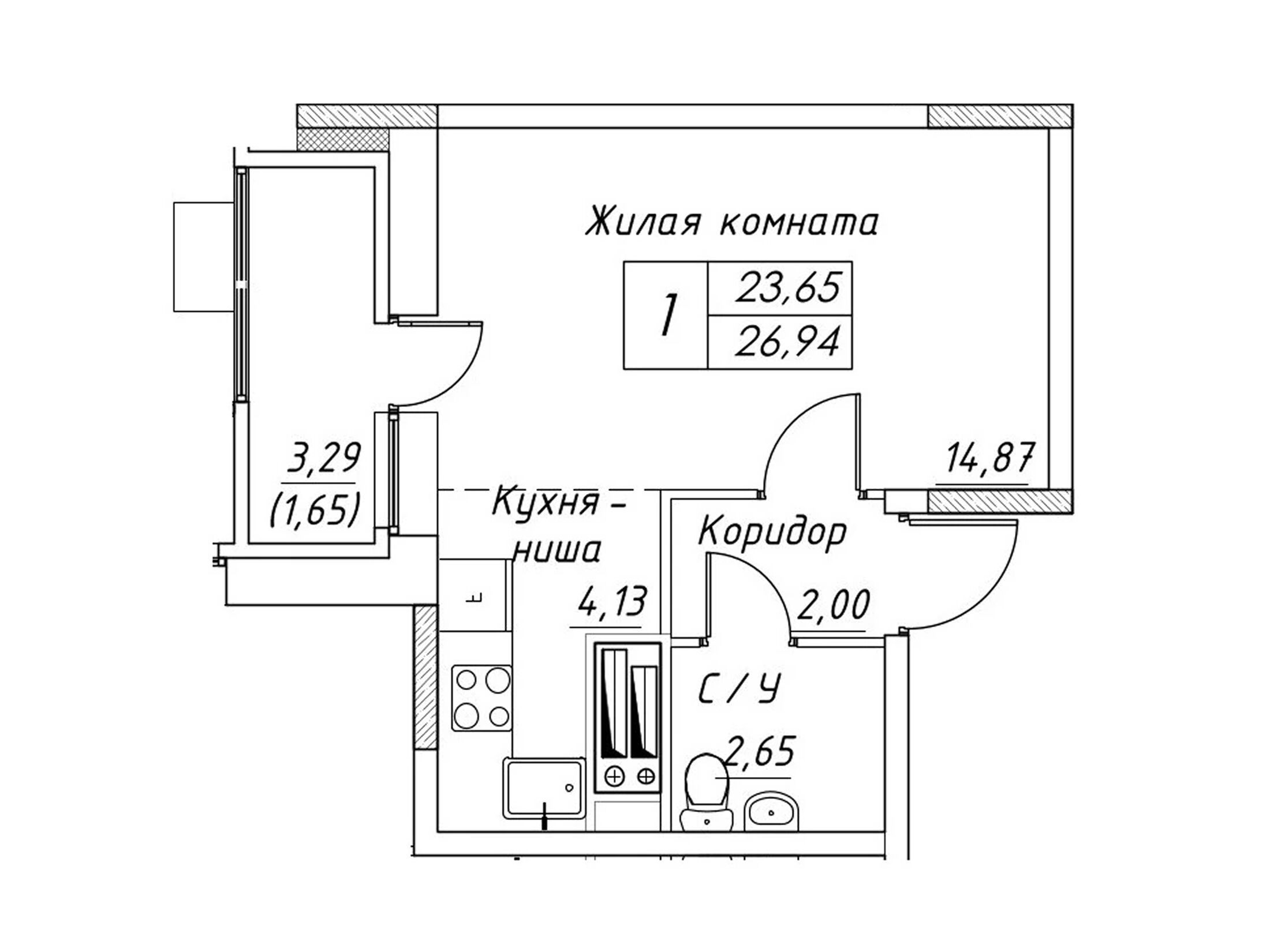 Планировка: 1-комн. квартира 26.94 м² в новостройке Большевик (Дмитров)