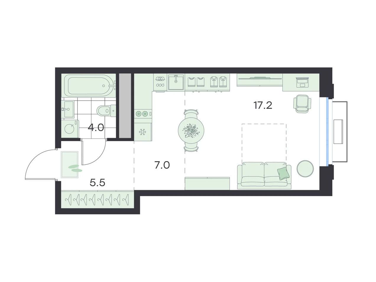 Планировка: Студия 33.70 м² в новостройке Джи Три Михалевич