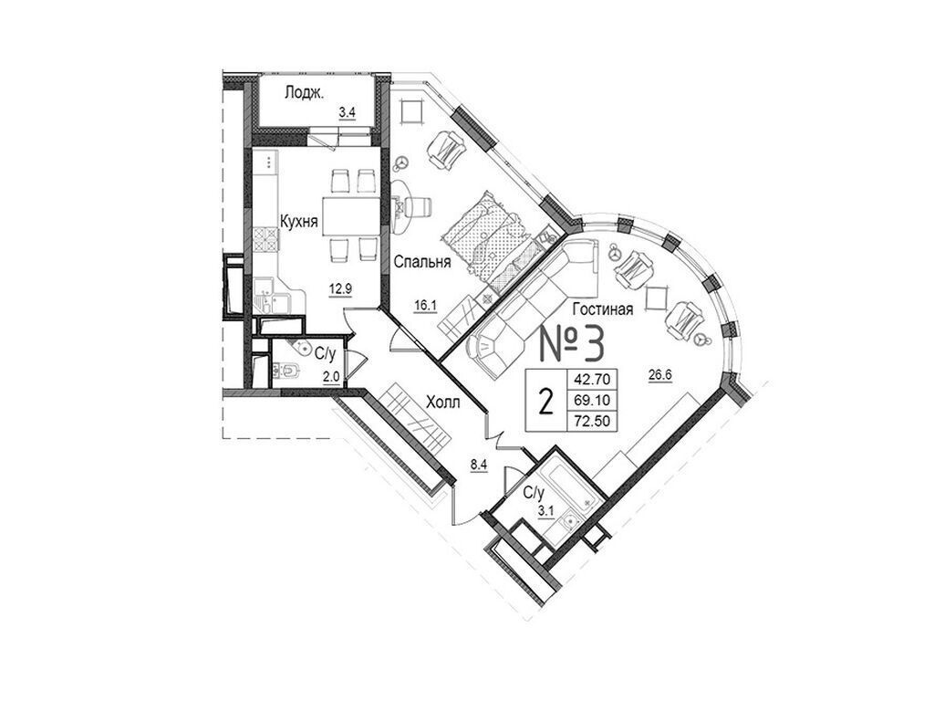 Планировка: 2-комн. квартира 73.10 м² в новостройке Школьный