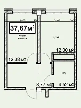 Планировка: 1-комн. квартира 37.67 м² в новостройке Николаевский Ессентуки