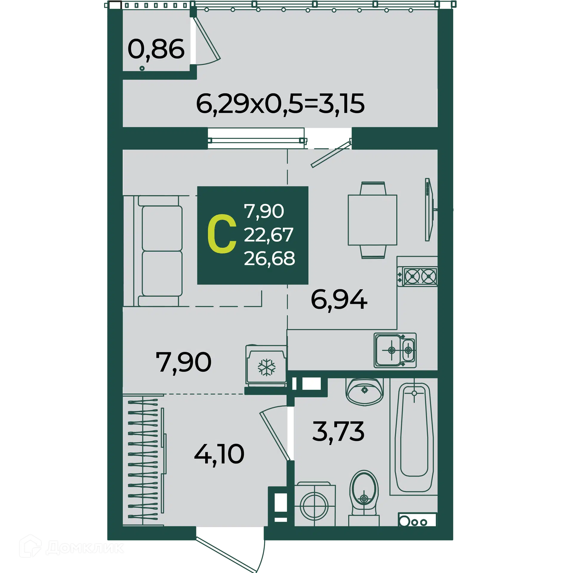 Планировка: Студия 26.68 м² в новостройке Образцово 1 очередь