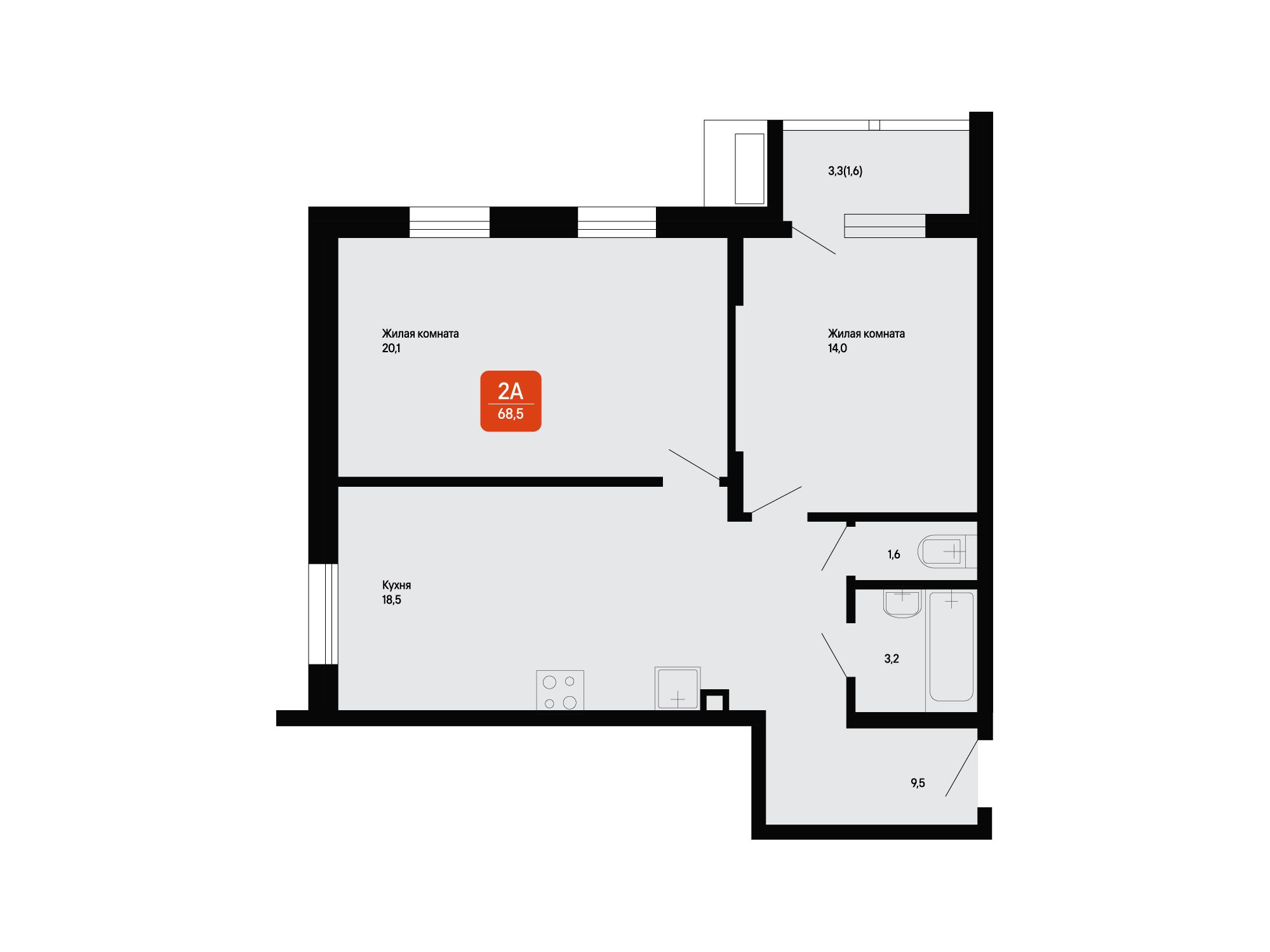Планировка: 2-комн. квартира 68.50 м² в новостройке Подлипки-Город
