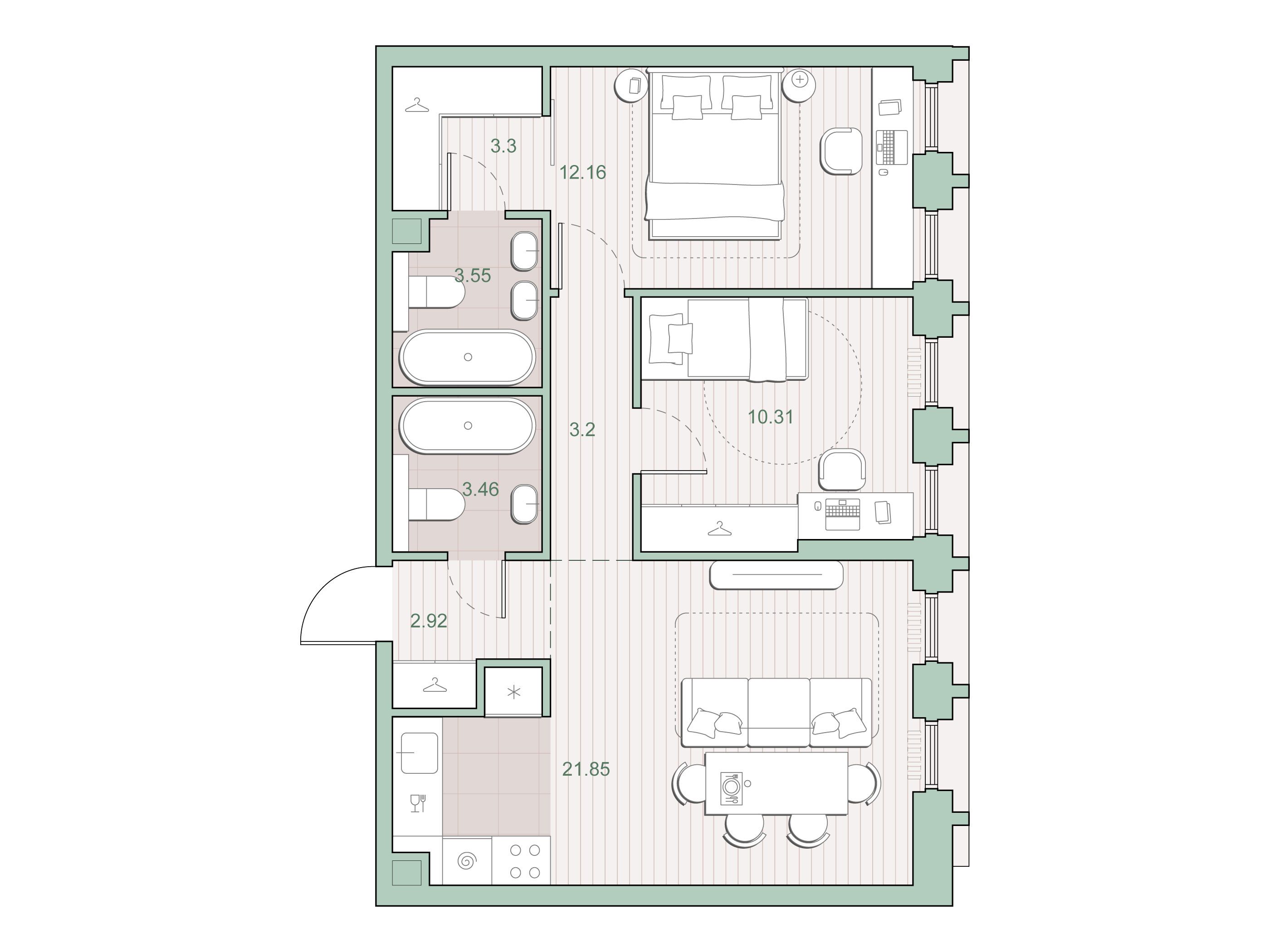 Планировка: 2-комн. квартира 60.75 м² в новостройке ЖК Среда на Кутузовском