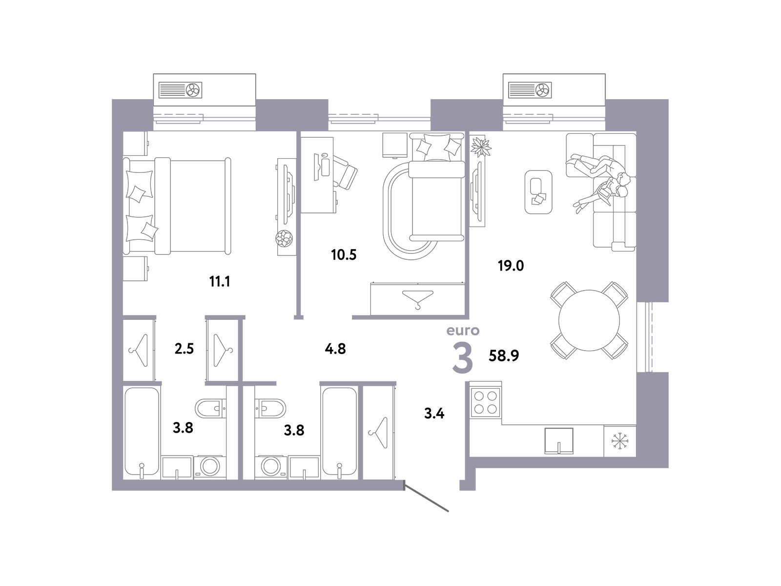 Планировка: 3-комн. квартира 58.90 м² в новостройке Страна. Заречная