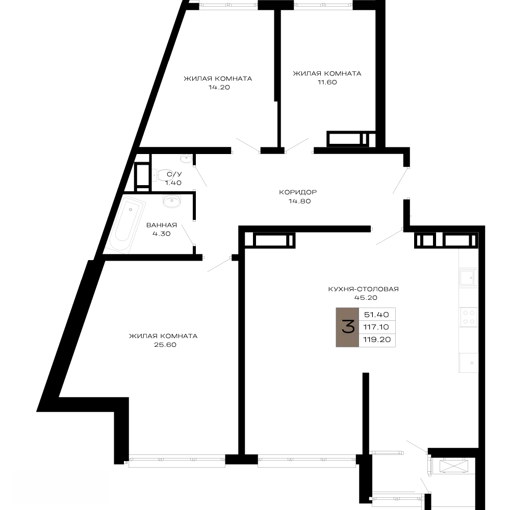 Планировка: 3-комн. квартира 119.38 м² в новостройке Сердце