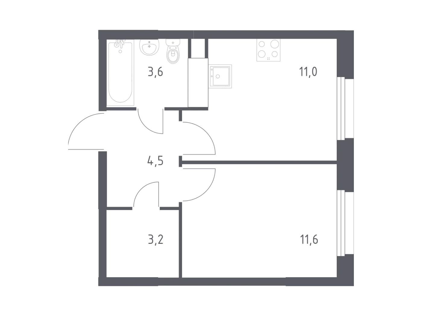 Планировка: 1-комн. квартира 32.30 м² в новостройке Эко Бунино