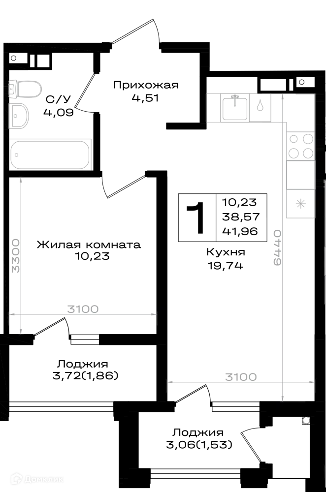 Планировка: 1-комн. квартира 41.96 м² в новостройке Южно-Н