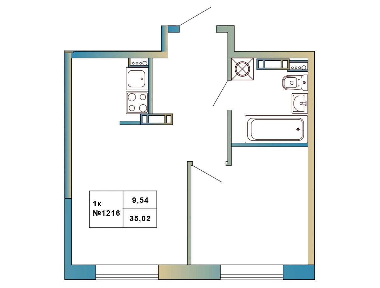 Планировка: 1-комн. квартира 35.02 м² в новостройке Атмосфера Выборга