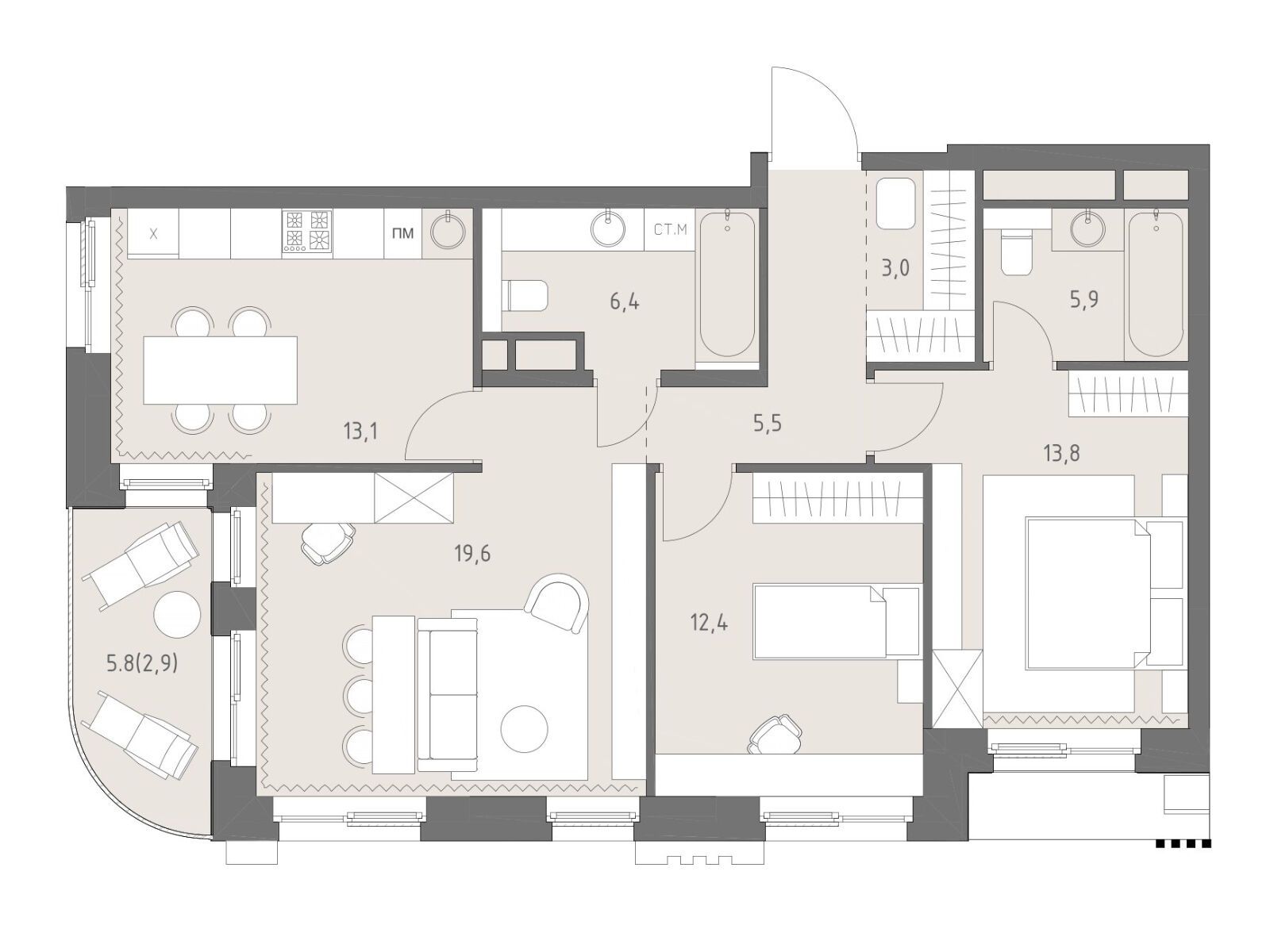 Планировка: 3-комн. квартира 82.60 м² в новостройке Родина Парк