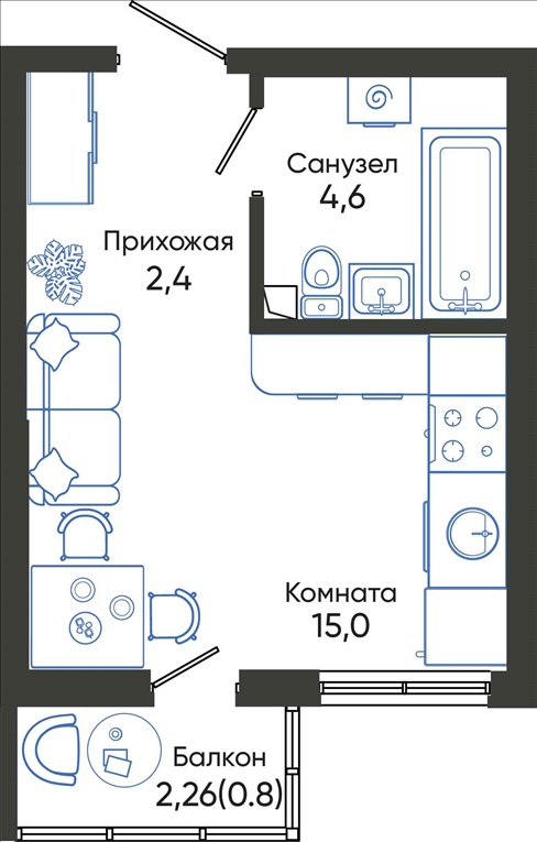 Планировка: Студия 22.80 м² в новостройке Облака