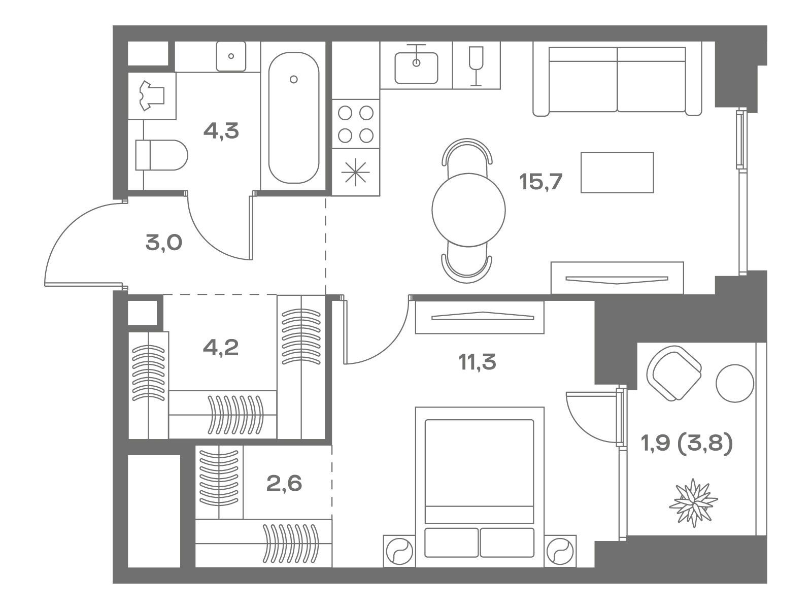 Планировка: 1-комн. квартира 43.00 м² в новостройке Соул