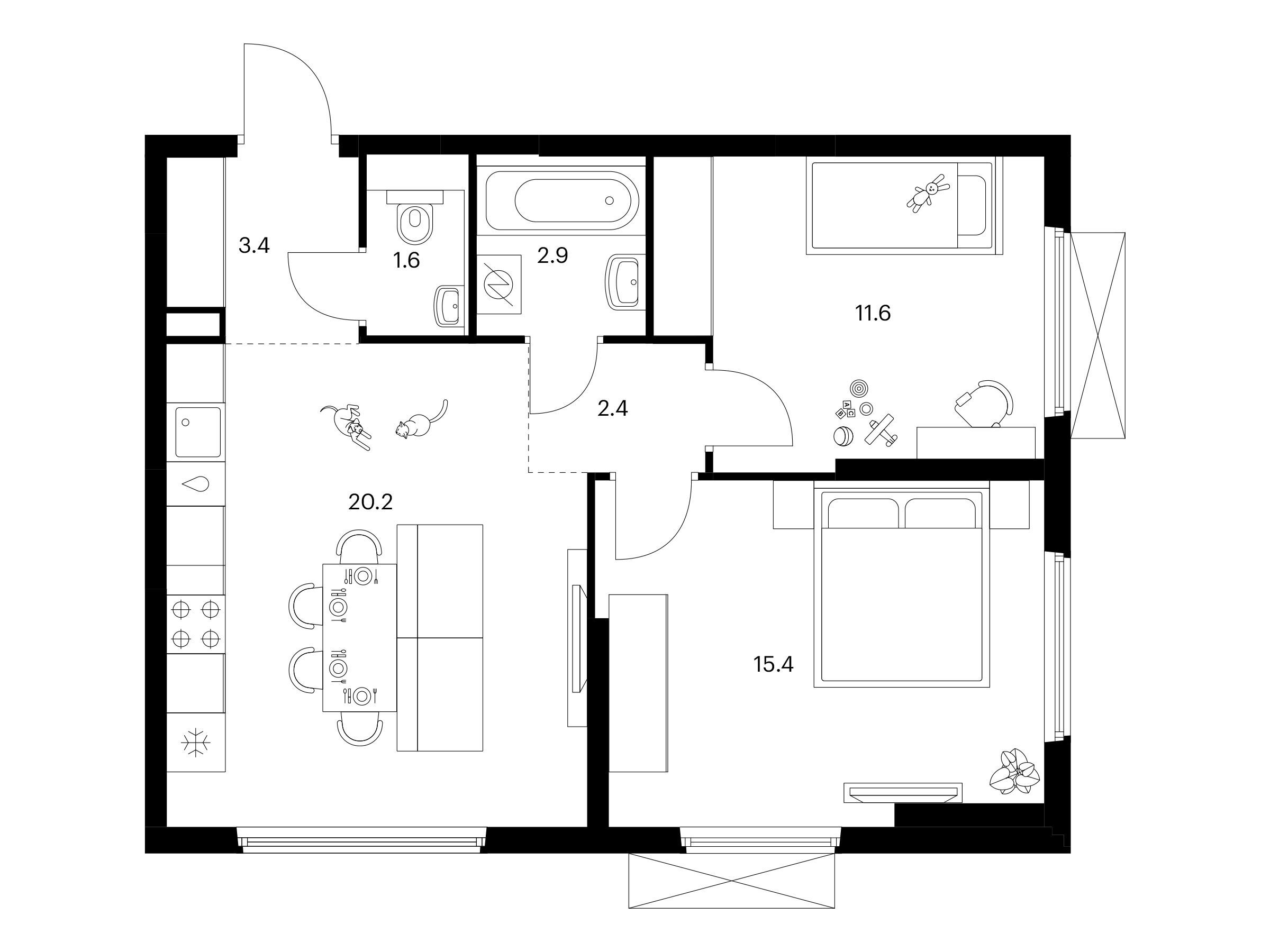 Планировка: 2-комн. квартира 57.50 м² в новостройке Ярославский квартал