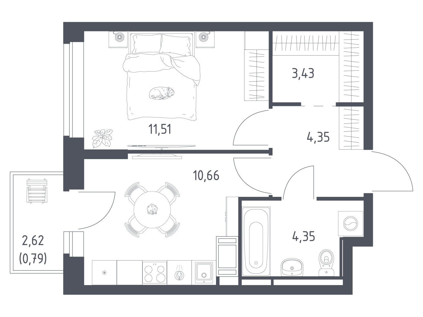 Планировка: 1-комн. квартира 35.09 м² в новостройке Новое Колпино