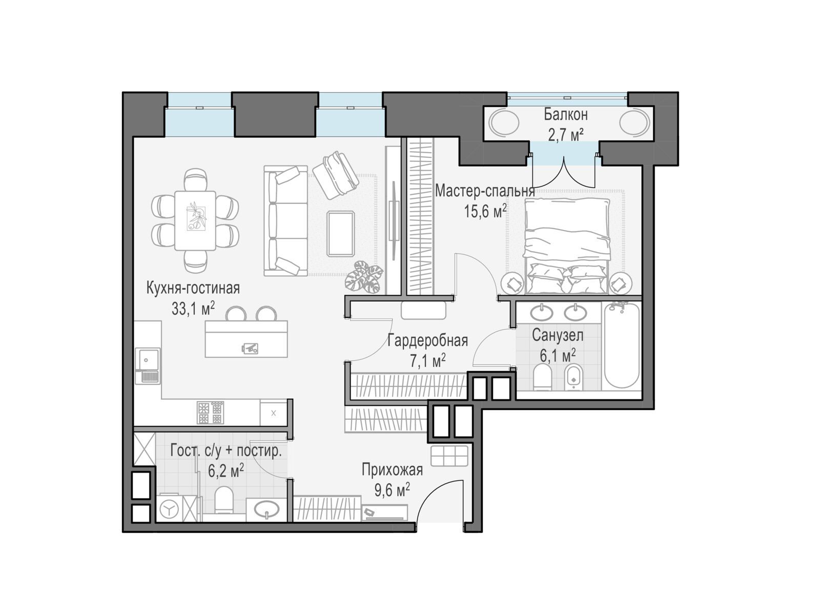 Планировка: 1-комн. квартира 78.70 м² в новостройке Фон Дессин