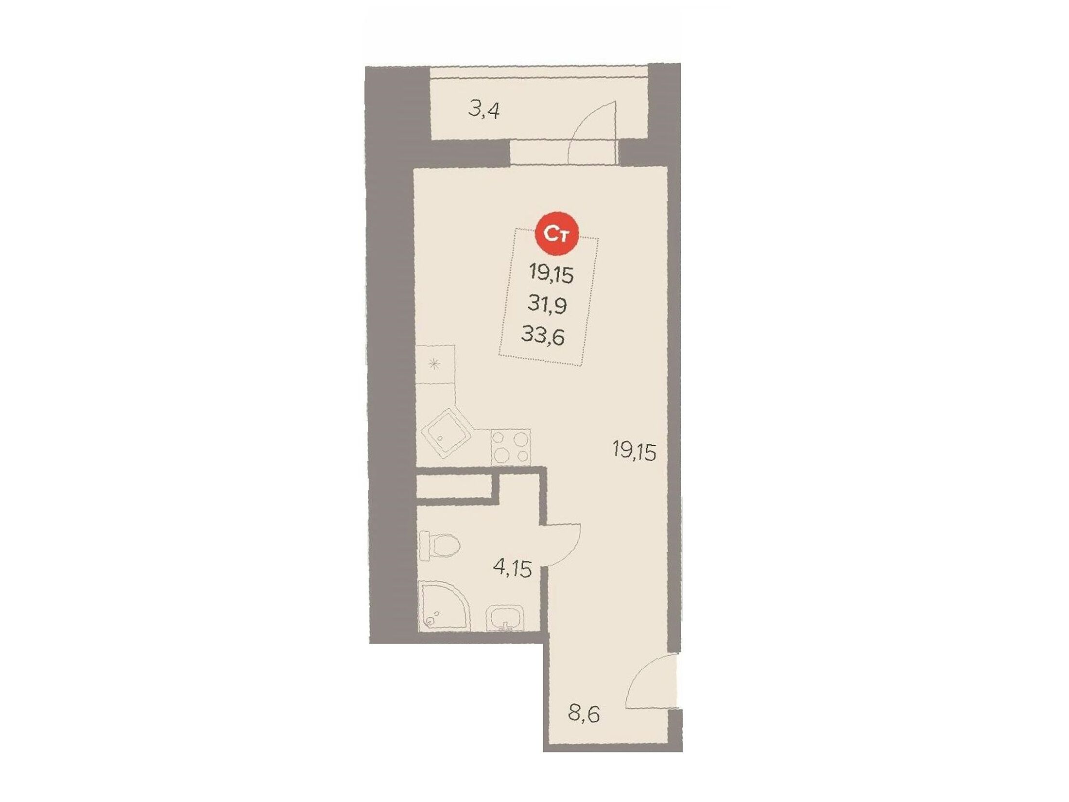 Планировка: Студия 33.70 м² в новостройке Отлично