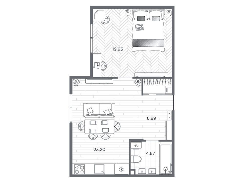 Планировка: 1-комн. квартира 54.80 м² в новостройке Бакунина 33