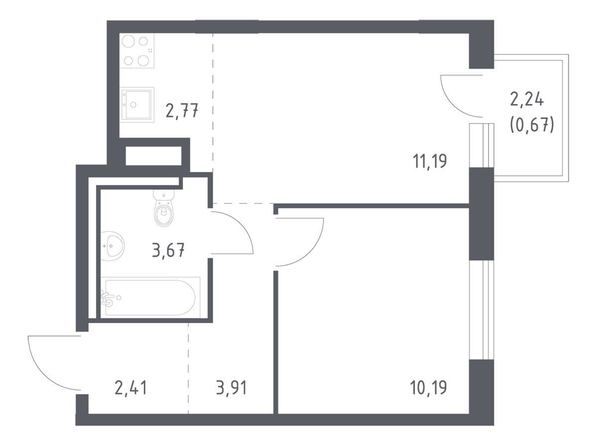 Планировка: 1-комн. квартира 34.81 м² в новостройке Лаголово