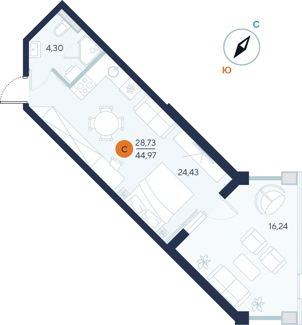 Планировка: Студия 44.97 м² в новостройке Альба дель Маре