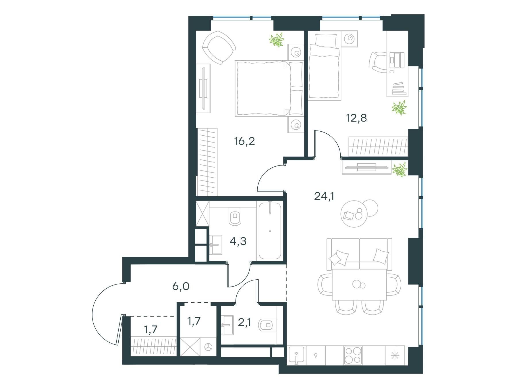 Планировка: 2-комн. квартира 68.90 м² в новостройке Левел Войковская
