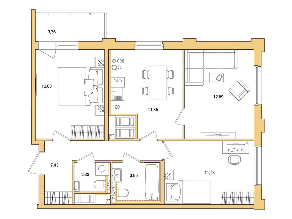 Планировка: 3-комн. квартира 64.37 м² в новостройке Окла