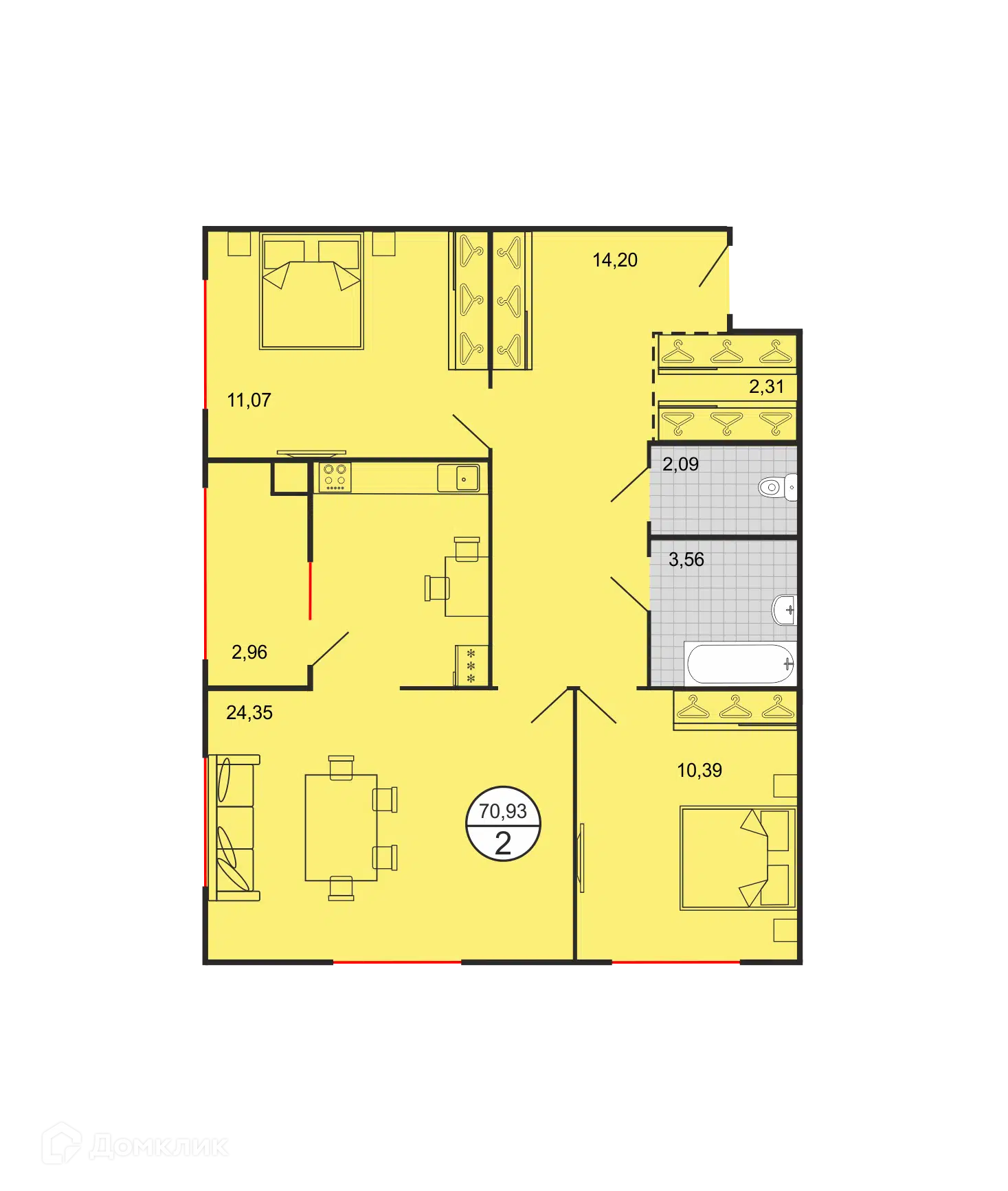 Планировка: 2-комн. квартира 70.93 м² в новостройке Дыхание