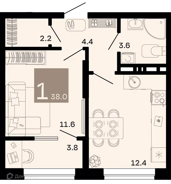 Планировка: 1-комн. квартира 34.20 м² в новостройке Хозяин морей