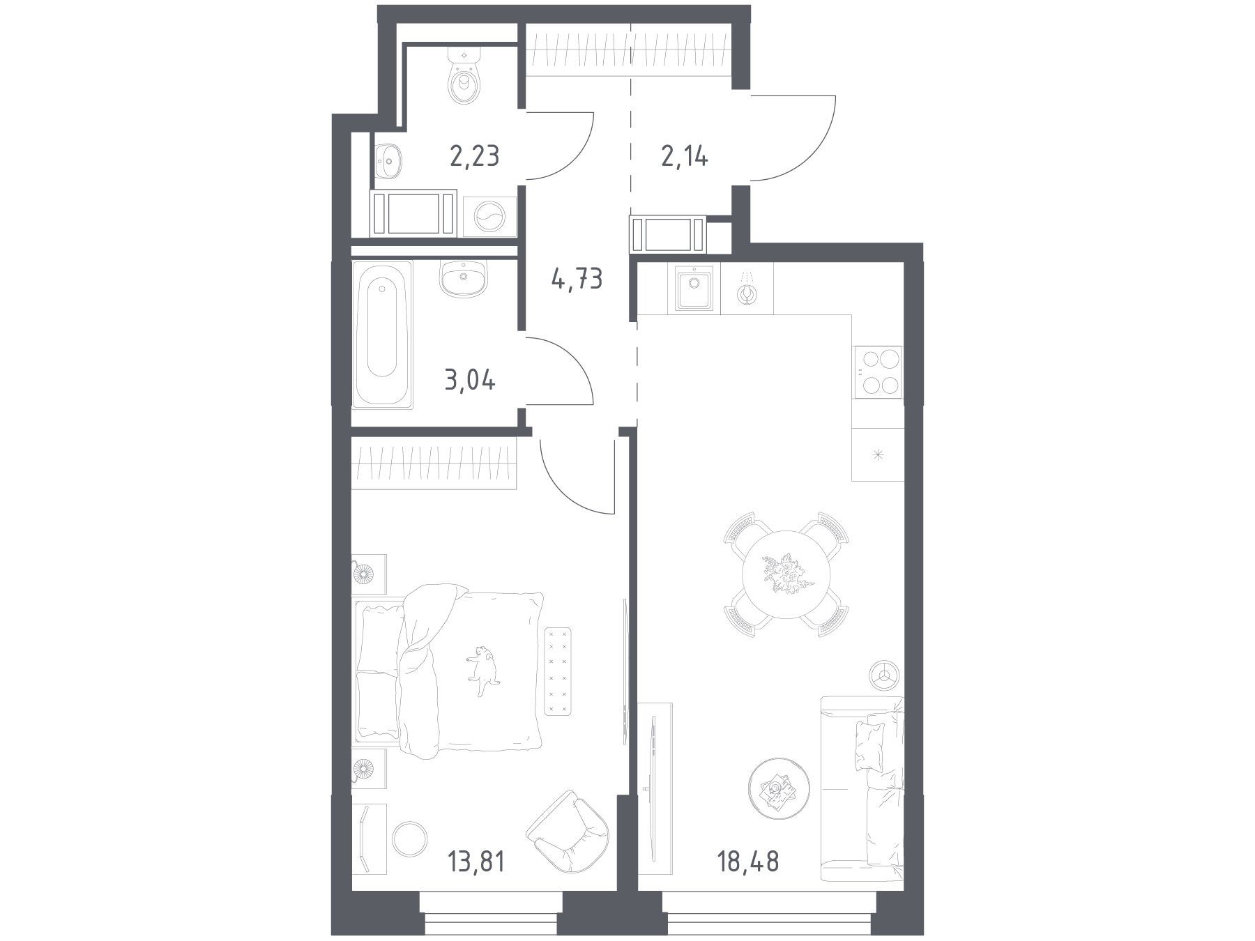 Планировка: 1-комн. квартира 44.43 м² в новостройке Новое Колпино