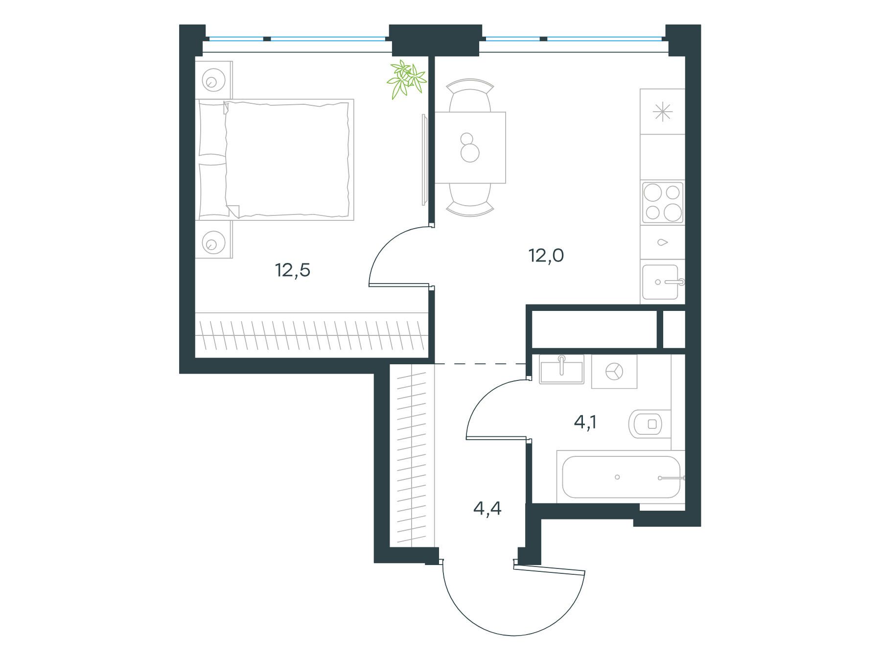 Планировка: 1-комн. квартира 33.00 м² в новостройке Левел Мичуринский