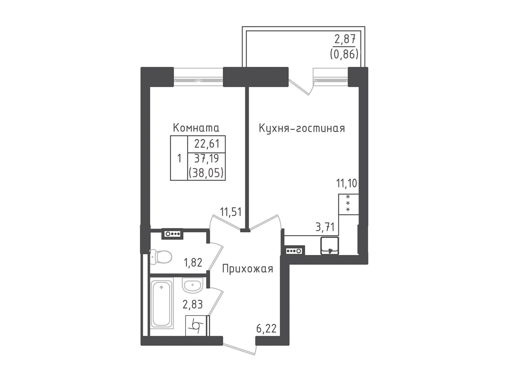Планировка: 1-комн. квартира 38.05 м² в новостройке Зеленый Город