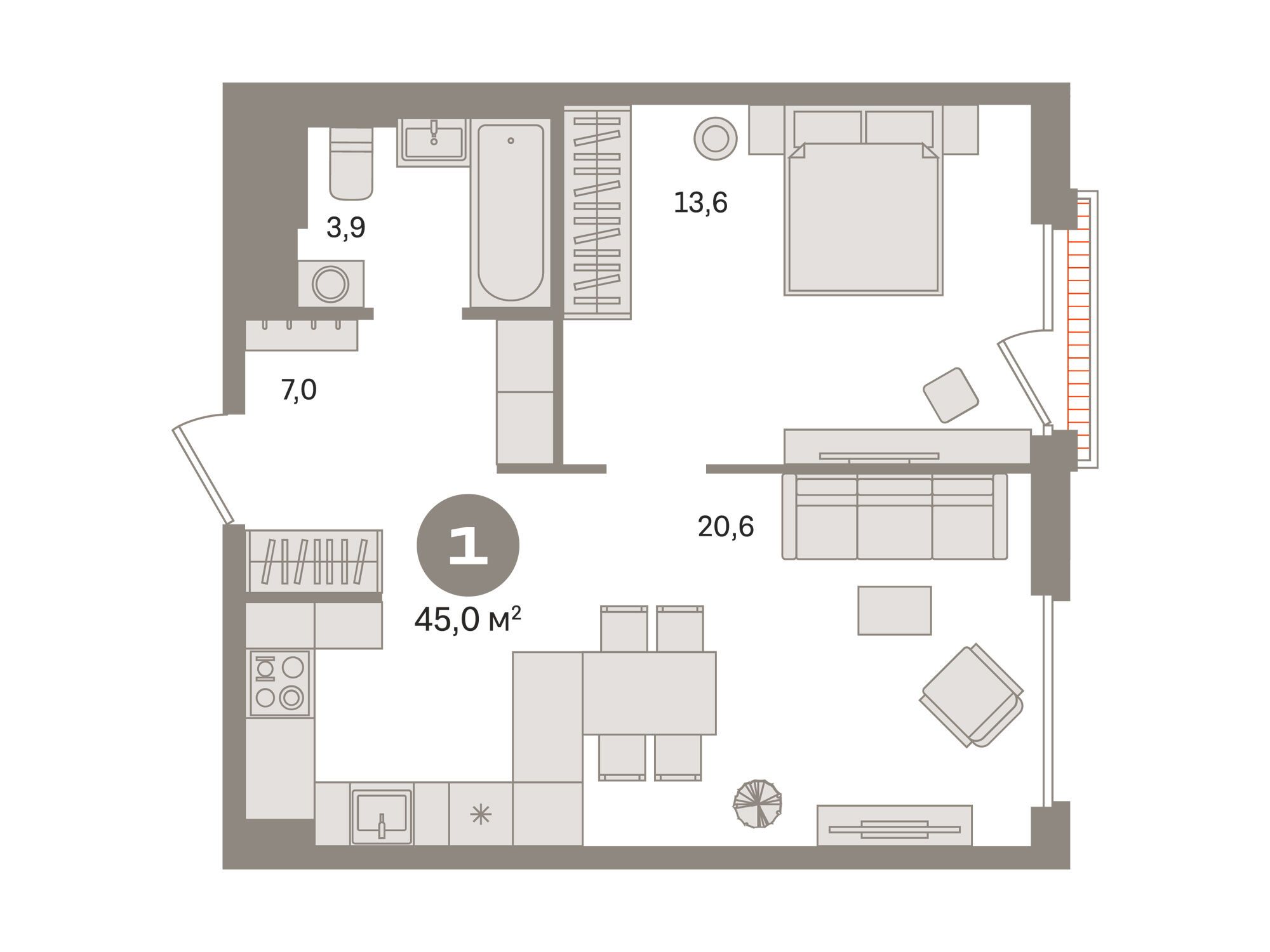 Планировка: 1-комн. квартира 45.00 м² в новостройке Квартал Герцена
