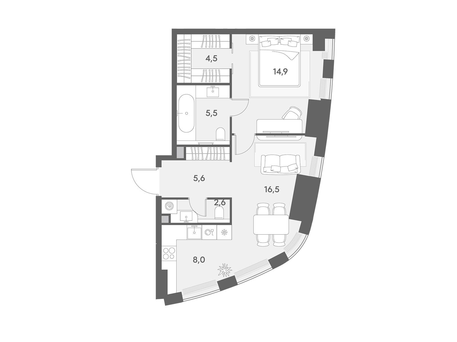 Планировка: 1-комн. квартира 57.60 м² в новостройке Энигмия