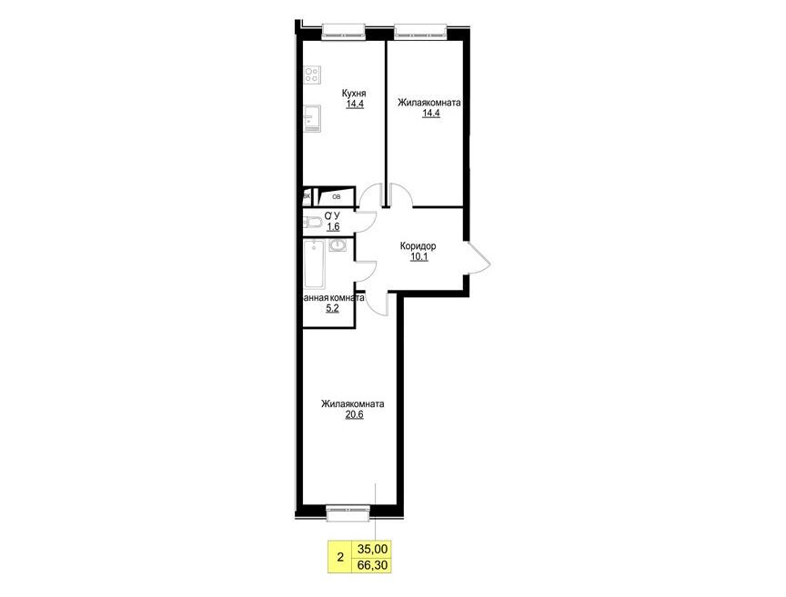 Планировка: 2-комн. квартира 66.30 м² в новостройке Корица