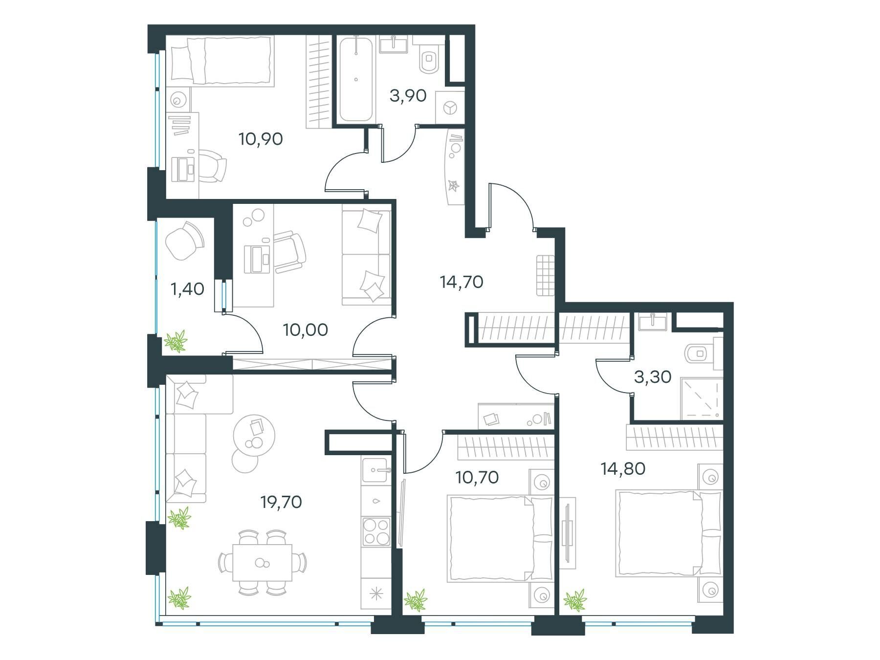 Планировка: 4-комн. квартира 88.00 м² в новостройке Левел Лесной