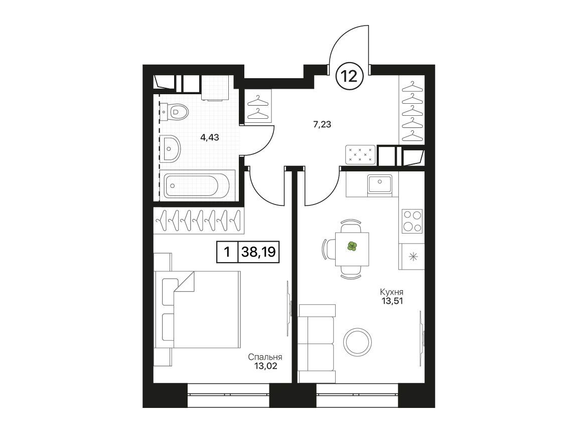 Планировка: 1-комн. квартира 38.19 м² в новостройке Пушкино Град