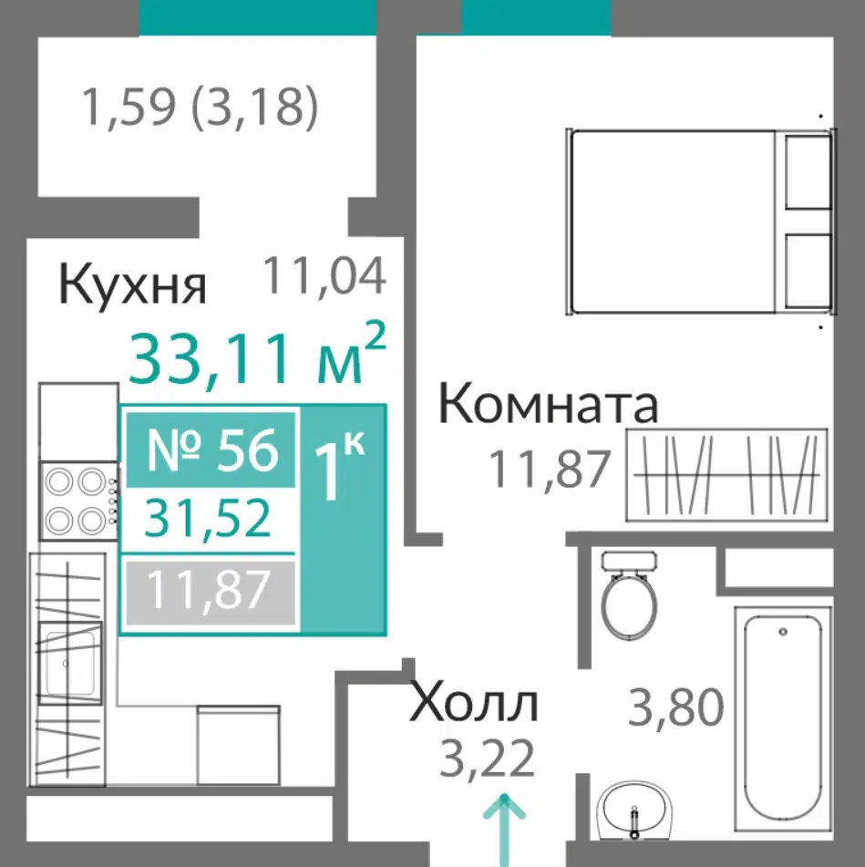 Планировка: 1-комн. квартира 31.52 м² в новостройке Горизонты-2