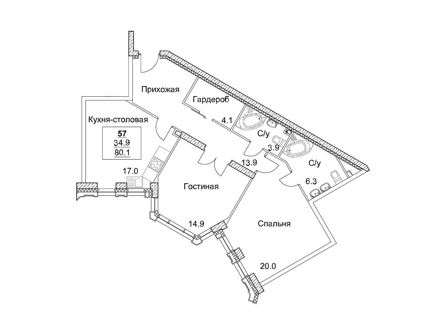 Планировка: 2-комн. квартира 81.90 м² в новостройке ЖК Фулл Хаус