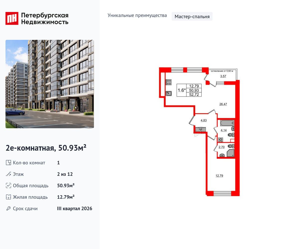 Планировка: 1-комн. квартира 50.93 м² в новостройке Титул в Московском
