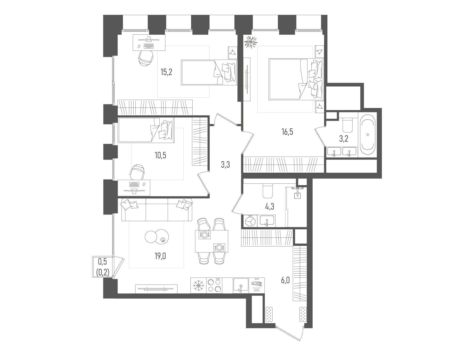 Планировка: 3-комн. квартира 78.20 м² в новостройке ЖК Пейв