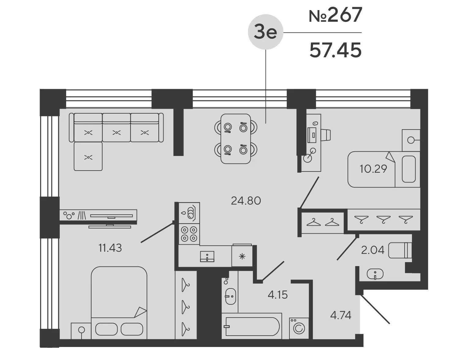 Планировка: 2-комн. квартира 57.45 м² в новостройке Башни Элемент