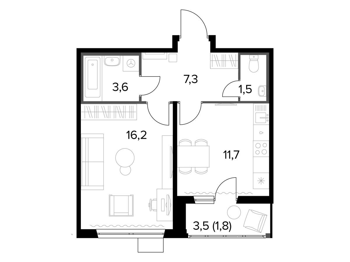 Планировка: 1-комн. квартира 42.10 м² в новостройке 1-й Ленинградский 