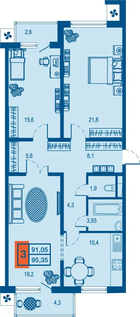 Планировка: 3-комн. квартира 91.05 м² в новостройке Дом у озера