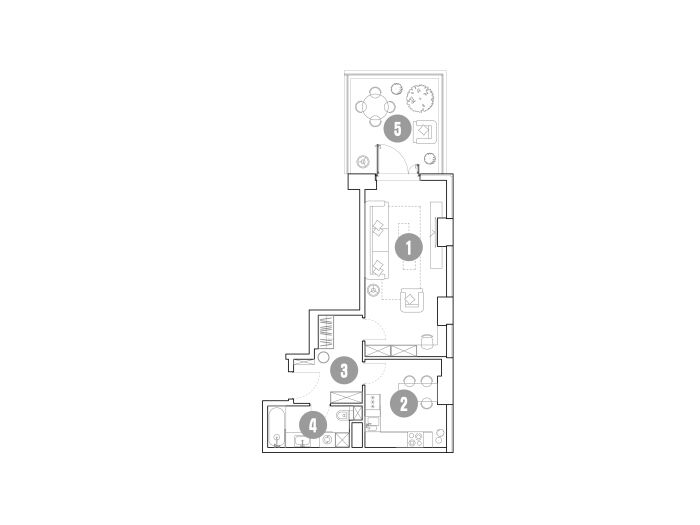 Планировка: 1-комн. квартира 56.00 м² в новостройке Мираполис