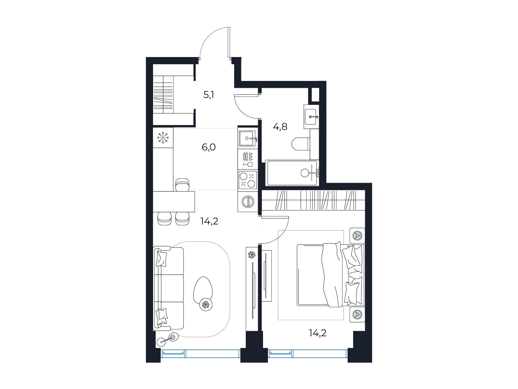 Планировка: 1-комн. квартира 44.30 м² в новостройке Мастерс