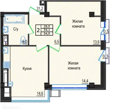 Планировка: 2-комн. квартира 54.90 м² в новостройке Резиденция