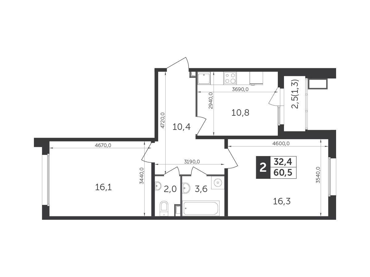 Планировка: 2-комн. квартира 60.30 м² в новостройке Датский квартал