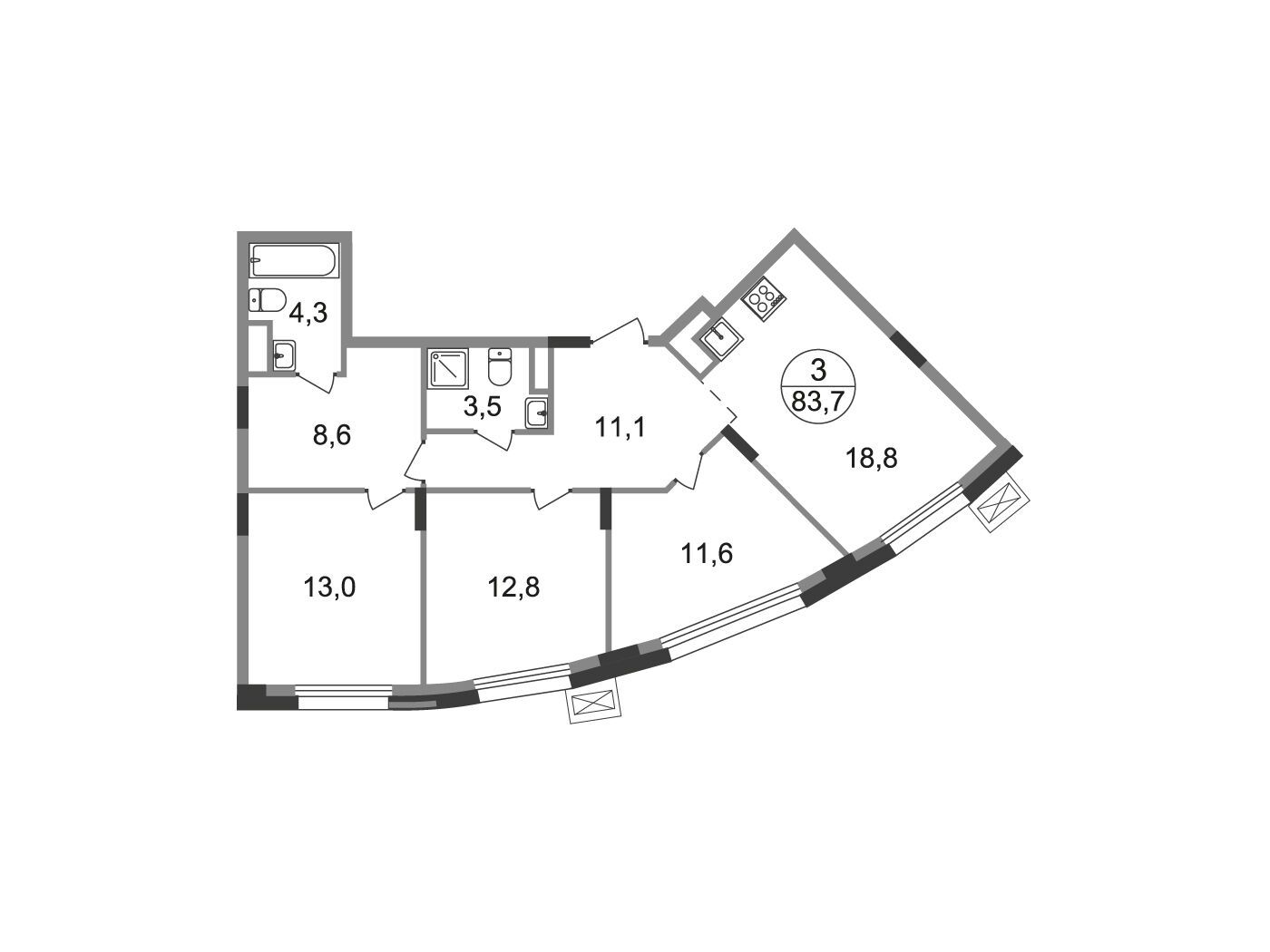 Планировка: 3-комн. квартира 83.70 м² в новостройке Резиденции Сколково