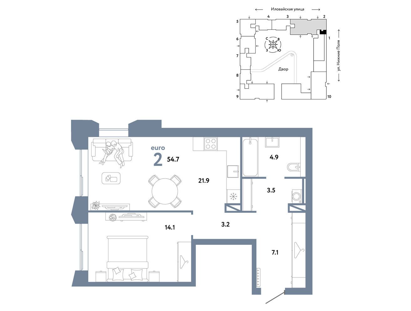 Планировка: 2-комн. квартира 54.70 м² в новостройке Страна. Заречная